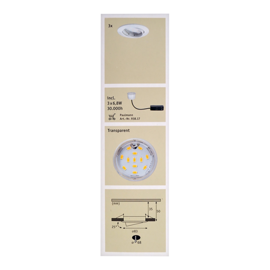 Paulmann 92765 - KIT 3x Lampada LED da incasso COIN 3xLED/6,8W/230V bianco