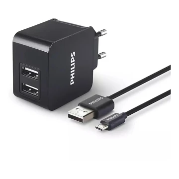 Philips DLP2307U/12 - Adattatore di ricarica 2xUSB/15,5W/230V + cavo micro USB 1m