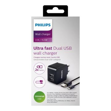 Philips DLP2307U/12 - Adattatore di ricarica 2xUSB/15,5W/230V + cavo micro USB 1m