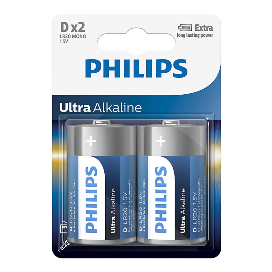 Philips LR20E2B/10 - 2 pz Batteria alcalina D ULTRA ALKALINE 1,5V 15000mAh