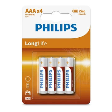 Philips R03L4B/10 - 4 pz Batteria al cloruro di zinco AAA LONGLIFE 1,5V 450mAh