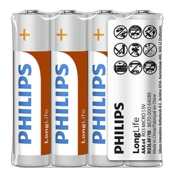 Philips R03L4F/10 - 4 pz Batteria al cloruro di zinco AAA LONGLIFE 1,5V 450mAh