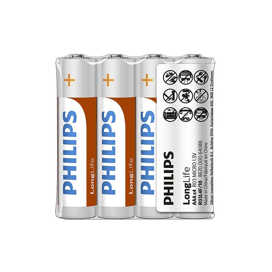 Philips R03L4F/10 - 4 pz Batteria al cloruro di zinco AAA LONGLIFE 1,5V 450mAh