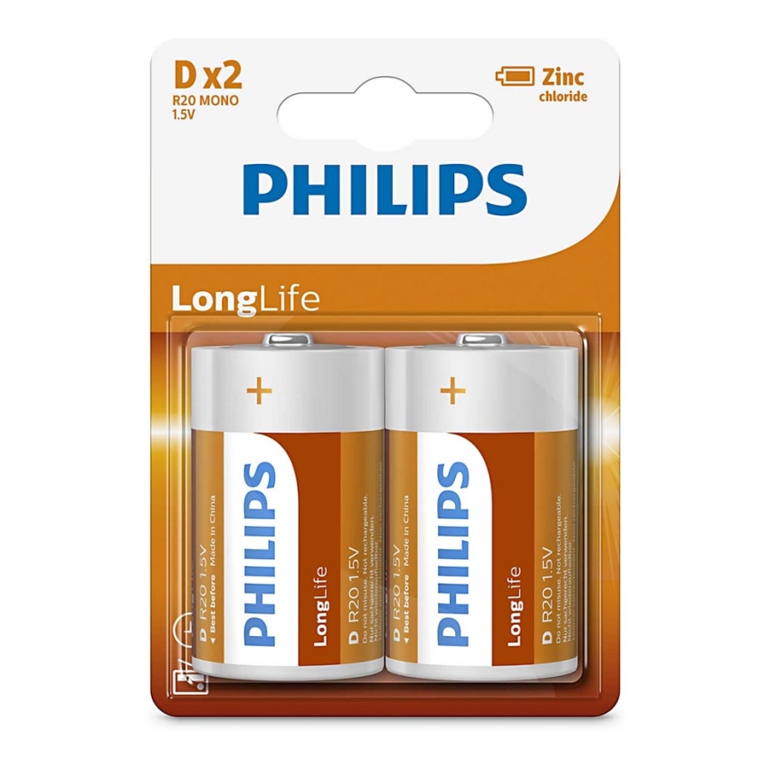 Philips R20L2B/10 - 2 pz Batteria al cloruro di zinco D LONGLIFE 1,5V 5000mAh