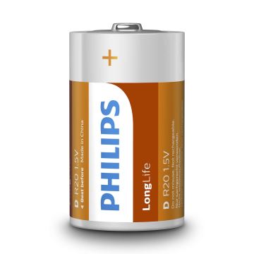 Philips R20L2F/10 - 2 pz Batteria al cloruro di zinco D LONGLIFE 1,5V 5000mAh