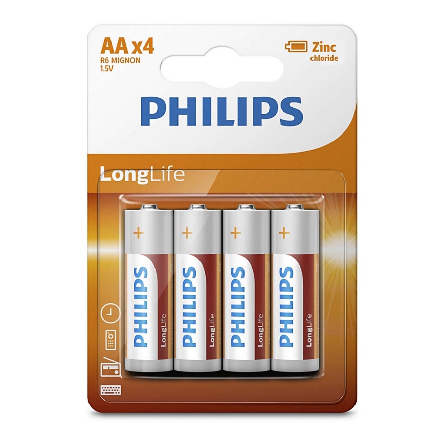 Philips R6L4B/10 - 4 pz Batteria al cloruro di zinco AA LONGLIFE 1,5V 900mAh