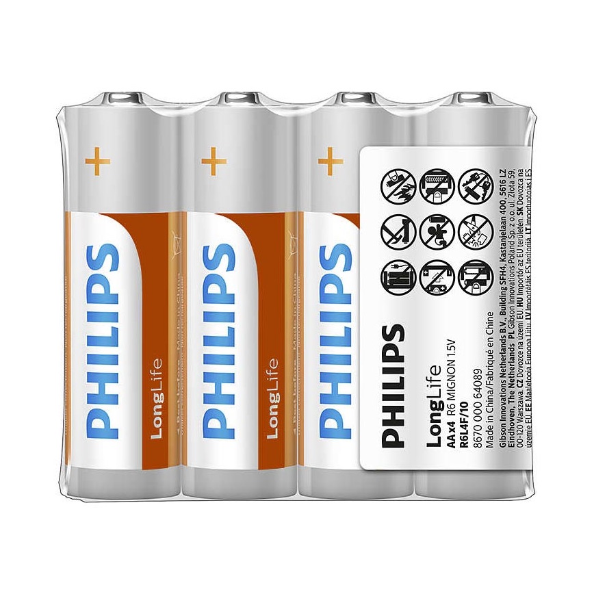 Philips R6L4F/10 - 4 pz Batteria al cloruro di zinco AA LONGLIFE 1,5V 900mAh