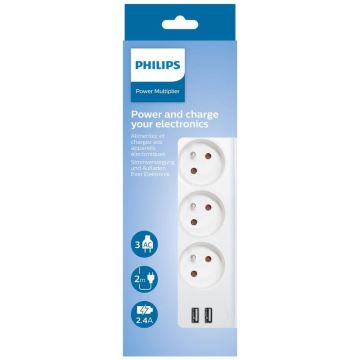 Philips SPN3032WA/60 - Prolunga con interruttore 3Z + 2xUSB-A 2m bianco