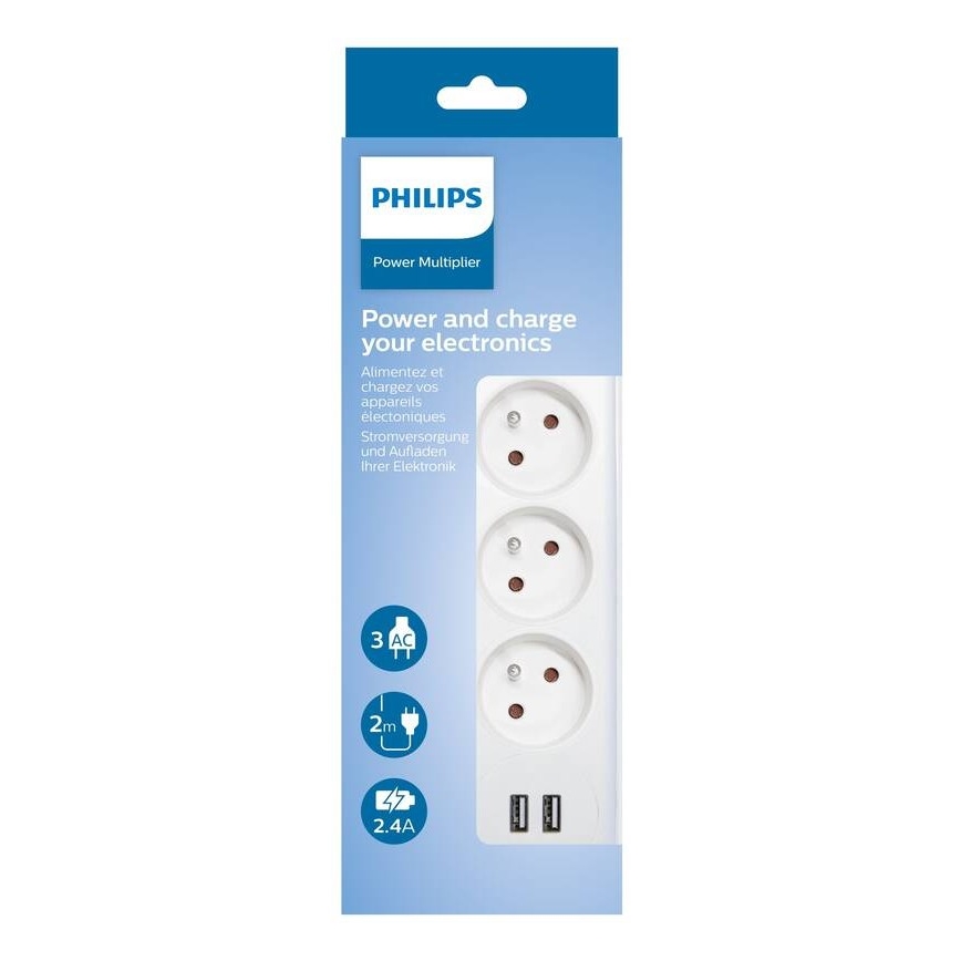 Philips SPN3032WA/60 - Prolunga con interruttore 3Z + 2xUSB-A 2m bianco