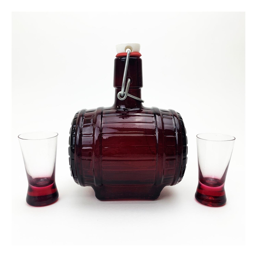 Set 1x bottiglia di vetro a forma di barile e 2x bicchieri per shot chiari,  colore rosso