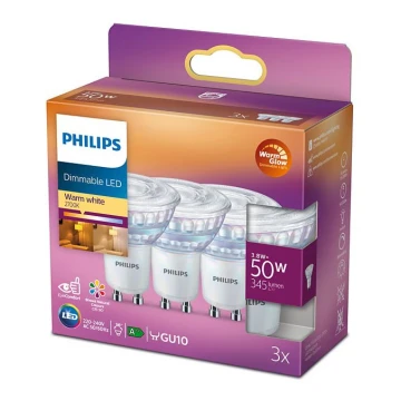 SET 3 lampadine LED dimmerabili Philips Warm Glow GU10/3,8W/230V 2200-2700K CRI 90