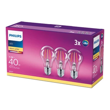 SET 3x Lampadina LED Philips E27/4,3W/230V 2700K