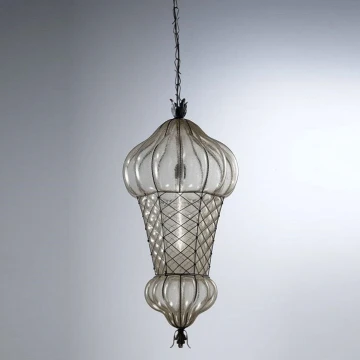 SIRU - Lampadario a sospensione con catena BABÀ 1xE27/60W/230V diametro 30 cm limpido/marrone Vetro veneziano