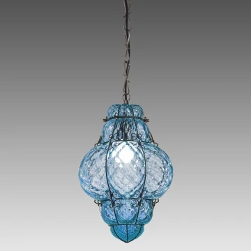 SIRU- Lampadario a sospensione con catena CLASSIC 1xE27/60W/230V diametro 30 cm blu/nero Vetro veneziano