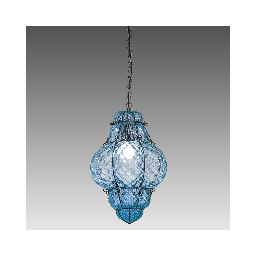 SIRU- Lampadario a sospensione con catena CLASSIC 1xE27/60W/230V diametro 30 cm blu/nero Vetro veneziano