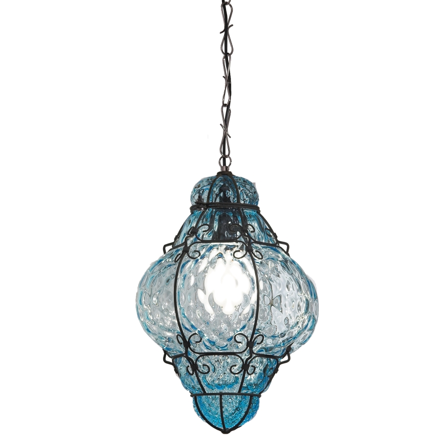 SIRU- Lampadario a sospensione con catena CLASSIC 1xE27/60W/230V diametro 30 cm blu/nero Vetro veneziano