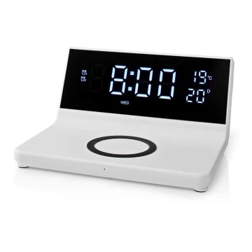 Sveglia con display LCD e caricabatteria wireless 15W/230V bianco