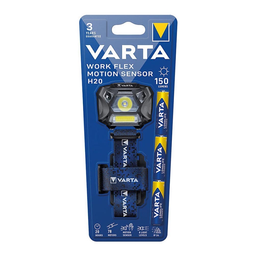 Varta 18648101421 - Lampada frontale dimmerabile a LED con sensore WORK FLEX LED/3xAA IP54