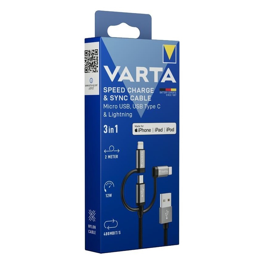 Varta 57937101111 - Cavo USB 3in1 con connector Lightning e Micro USB 2m